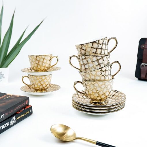 SND Homes Pack of 6 Bone China Cup & Saucer Set of 6 - Carpet Series  (Golden) - Image 2