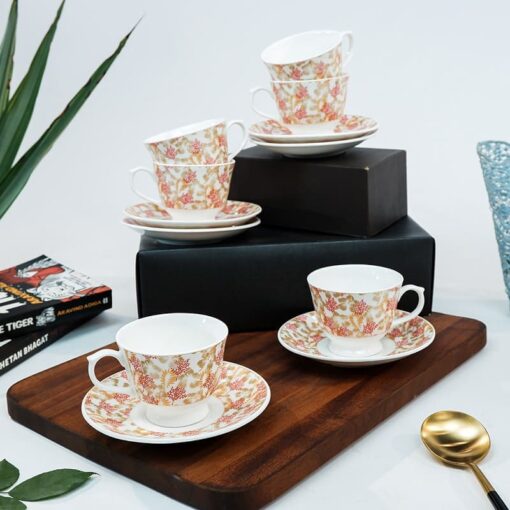 SND Homes Pack of 6 Bone China Cup & Saucer Set of 6 - Carpet Series (White) - Image 2