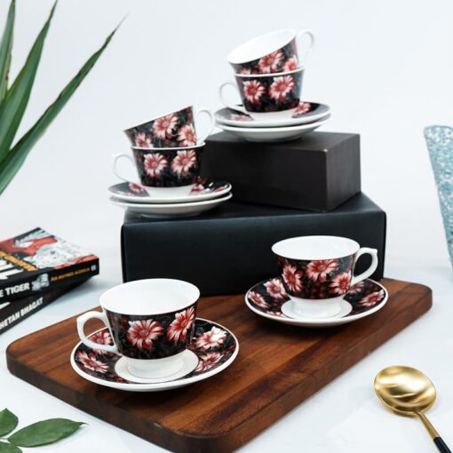 SND Homes Pack of 6 Bone China Cup & Saucer Set of 6 - Carpet Series (White) - Image 2