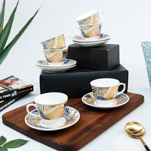 SND Homes Pack of 6 Bone China Cup & Saucer Set of 6 - Carpet Series (White) - Image 2