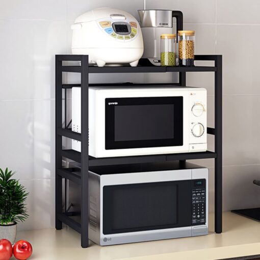 SND Home Expandable Metal Microwave Oven Rack and Toaster Stand Shelf with 3 Free Hooks - Kitchen Countertop Storage - Black - Image 2