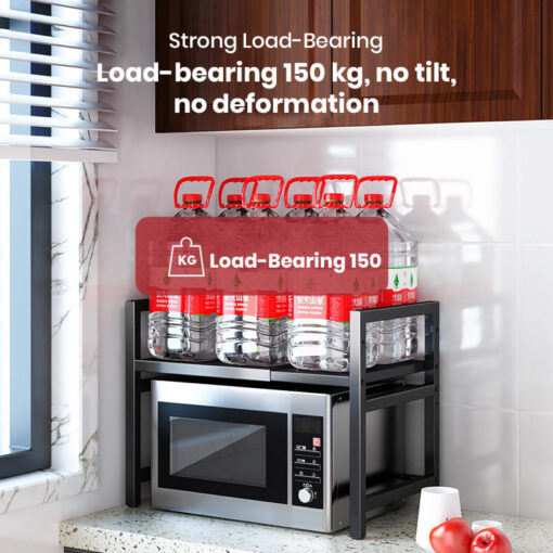 SND Home Expandable Metal Microwave Oven Rack and Toaster Stand Shelf with 3 Free Hooks - Kitchen Countertop Storage - Black - Image 3