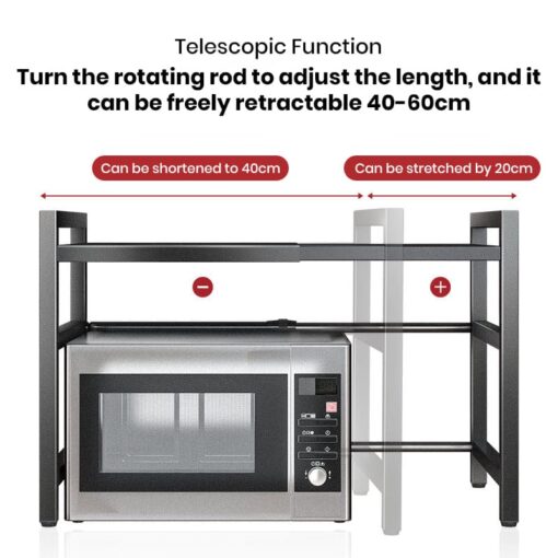 SND Home Expandable Metal Microwave Oven Rack and Toaster Stand Shelf with 3 Free Hooks - Kitchen Countertop Storage - Black - Image 4