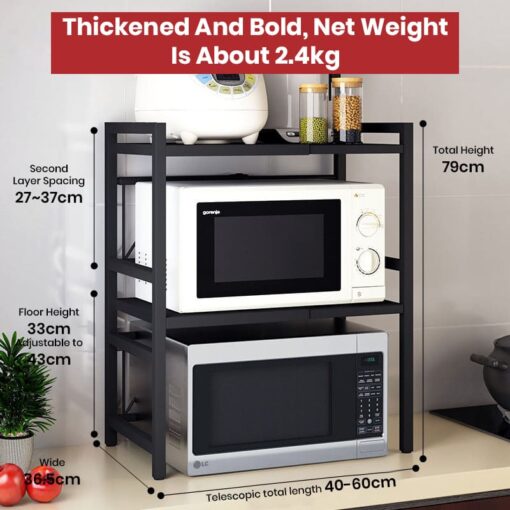 SND Home Expandable Metal Microwave Oven Rack and Toaster Stand Shelf with 3 Free Hooks - Kitchen Countertop Storage - Black - Image 5