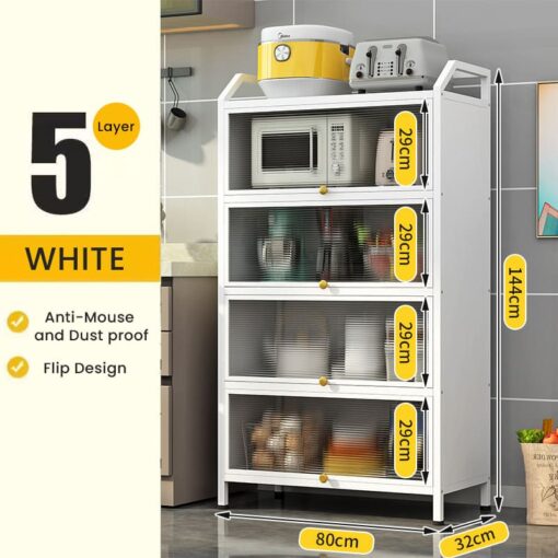 SND Home 5-Layer Flip with Door Kitchen Floor-Mounted Storage Cabinet for Microwave Oven and Multi-Functional Storage, with Dust-Proof Design (White) - Image 5