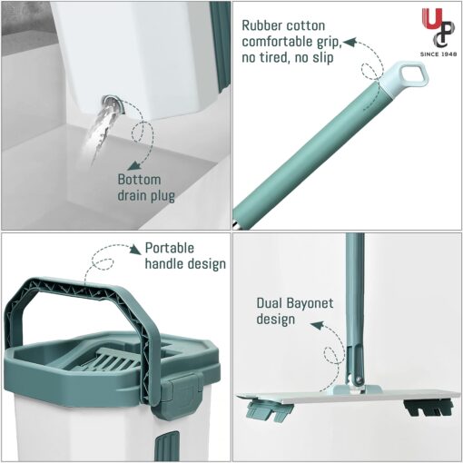 SND Homes Green Upgraded Hands-Free Squeeze Microfiber Flat Mop System 360° Flexible Head Flat Spin Mop with Bucket (38X12.5 cm) Mop with (1+1) Super-Absorbent Microfiber Pads - Image 6