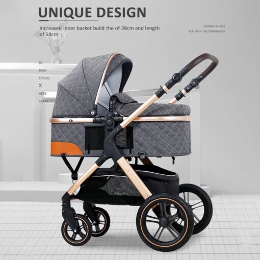 StarAndDaisy 2-in-1 EasyGo Travel Friendly Luxury Baby Stroller Pram Buggy Pushchair For Baby with Extraordinary Features, Sleeping Baby Stroller bassinet mode, Sit-stand Mode (High Landscape Seat, one-push folding, Powerful Shock Absorption Wheels, Convertible Bassinet Design (Grey with Black Tubes) - Image 2