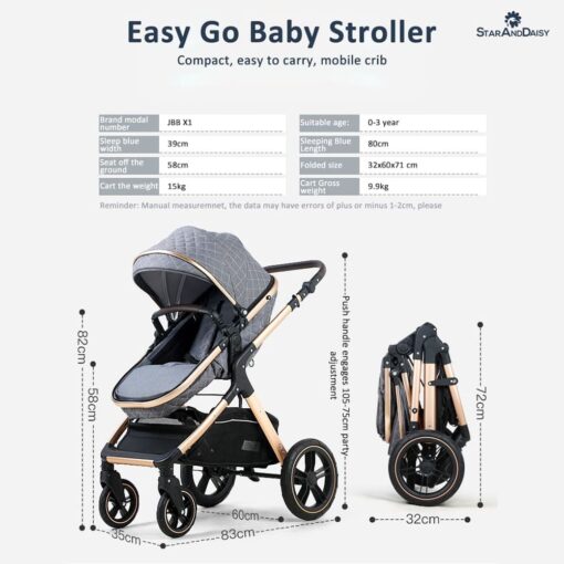 StarAndDaisy 2-in-1 EasyGo Travel Friendly Luxury Baby Stroller Pram Buggy Pushchair For Baby with Extraordinary Features, Sleeping Baby Stroller bassinet mode, Sit-stand Mode (High Landscape Seat, one-push folding, Powerful Shock Absorption Wheels, Convertible Bassinet Design (Grey with Black Tubes) - Image 8
