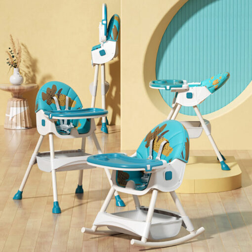 [Refurbished] StarAndDaisy Portable Upgraded Table Talk High Chair for Baby with incredible Rocking Feature Comfortable Seat with five-point Safety Belt and Detachable Food Tray (Printed Cyan)