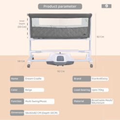 Automatic Rocking Baby Cradle with Wheels Seat Lock Mosquito Net Height Adjustment Bluetooth Music and Electric Toys-grey