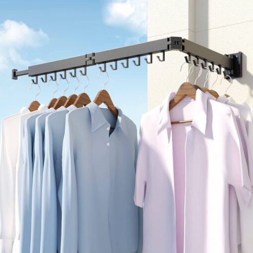SND Home Wall Mounted Folding Clothes Drying Rack, Collapsible and Retractable Space Saver Heavy Duty Laundry Drying Rack with Towel Bar (Black | 1.97M) - Image 5