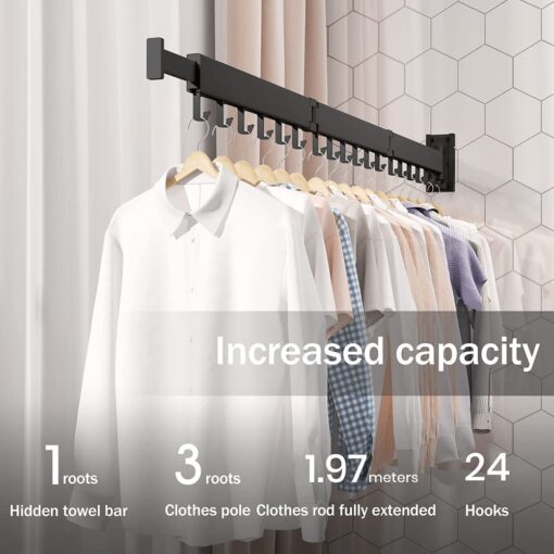 SND Home Wall Mounted Folding Clothes Drying Rack, Collapsible and Retractable Space Saver Heavy Duty Laundry Drying Rack with Towel Bar (Black | 1.97M) - Image 9