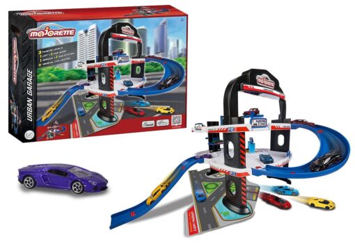 Majorette Urban Garage with Lift, Car Wash, Garage and Petrol Station, 5 Die Cast Vehicle with Rotating Wheels for Children Aged 5 Years and Above