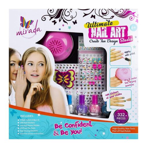 Mirada Ultimate Nail Art Studio for Kids, Manicures Kit for Home, Battery Operated Nail Dryer, Nail Art Kit For Girls & Kids (332 Pieces)