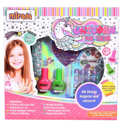 Mirada Unicorn Nail Salon Nail Art Kit – Ultimate Glow in the Dark Nail Party for Girls, Paint your Nails in Cool Colors, Pens, Nail Applique Stickers, Unicorn-Themed Ring with Nail Art Kit For Girls & Kids Age 6+