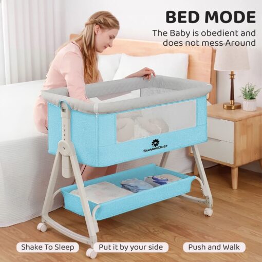 StarAndDaisy Pluto Luxury Baby Cradle with Height Adjustment and Next to Parents Bed with Soft Foam Mattress and Mosquito Net (Blue) - Image 10