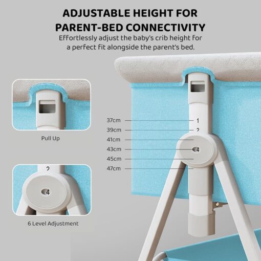 StarAndDaisy Pluto Luxury Baby Cradle with Height Adjustment and Next to Parents Bed with Soft Foam Mattress and Mosquito Net (Blue) - Image 7