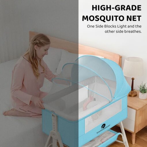 StarAndDaisy Pluto Luxury Baby Cradle with Height Adjustment and Next to Parents Bed with Soft Foam Mattress and Mosquito Net (Blue) - Image 8