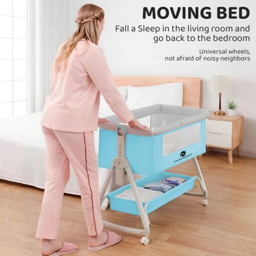 StarAndDaisy Pluto Luxury Baby Cradle with Height Adjustment and Next to Parents Bed with Soft Foam Mattress and Mosquito Net (Blue) - Image 9