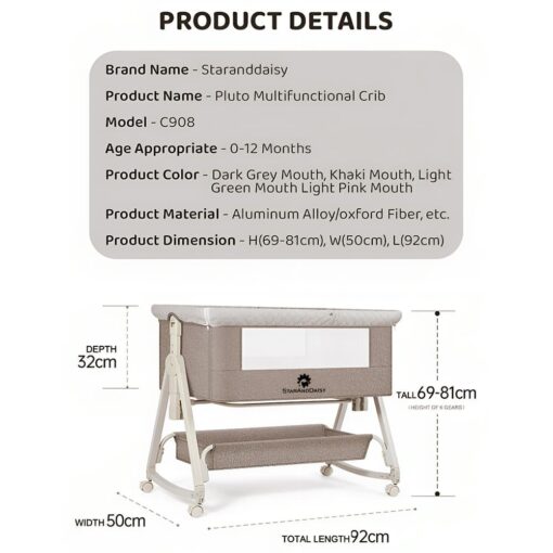 StarAndDaisy Pluto Luxury Baby Crib Cradle with Height Adjustment and  Soft Foam Mattress with Storage Basket - Brown - Image 11