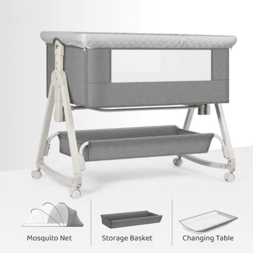 StarAndDaisy Pluto Luxury Baby Cradle with Nursing Changing Tray, Height Adjustment, Soft Foam Mattress, Storage Basket and Mosquito Net - Grey - Image 3