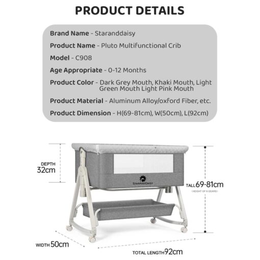 StarAndDaisy Pluto Luxury Baby Cradle with Nursing Changing Tray, Height Adjustment, Soft Foam Mattress, Storage Basket and Mosquito Net - Grey - Image 10