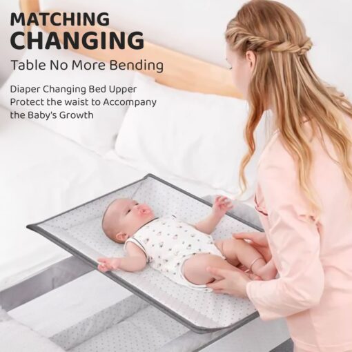 StarAndDaisy Pluto Luxury Baby Cradle with Nursing Changing Tray, Height Adjustment, Soft Foam Mattress, Storage Basket and Mosquito Net - Grey - Image 4