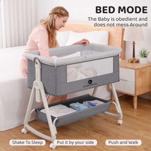 StarAndDaisy Pluto Luxury Baby Cradle with Nursing Changing Tray, Height Adjustment, Soft Foam Mattress, Storage Basket and Mosquito Net - Grey - Image 5