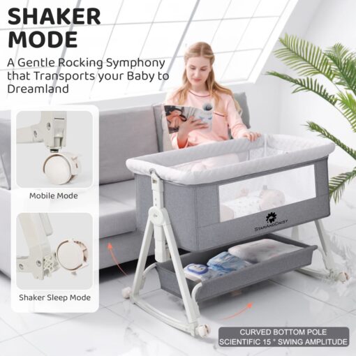 StarAndDaisy Pluto Luxury Baby Cradle with Nursing Changing Tray, Height Adjustment, Soft Foam Mattress, Storage Basket and Mosquito Net - Grey - Image 8